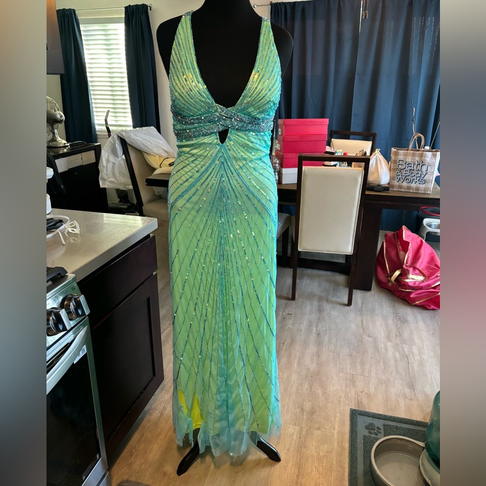 Aqua/lime green fitted long dress
Size 14
Originally $228
